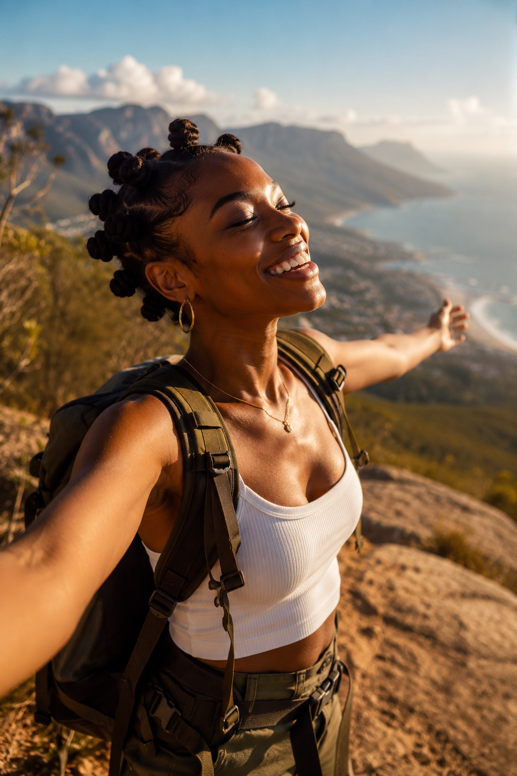 Black woman hiking joyfully with mountains and ocean in the background