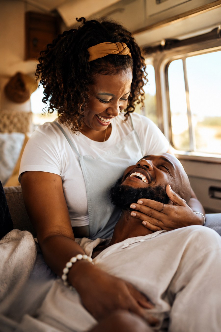 Black couple laughing and resting together in a warm intimate moment